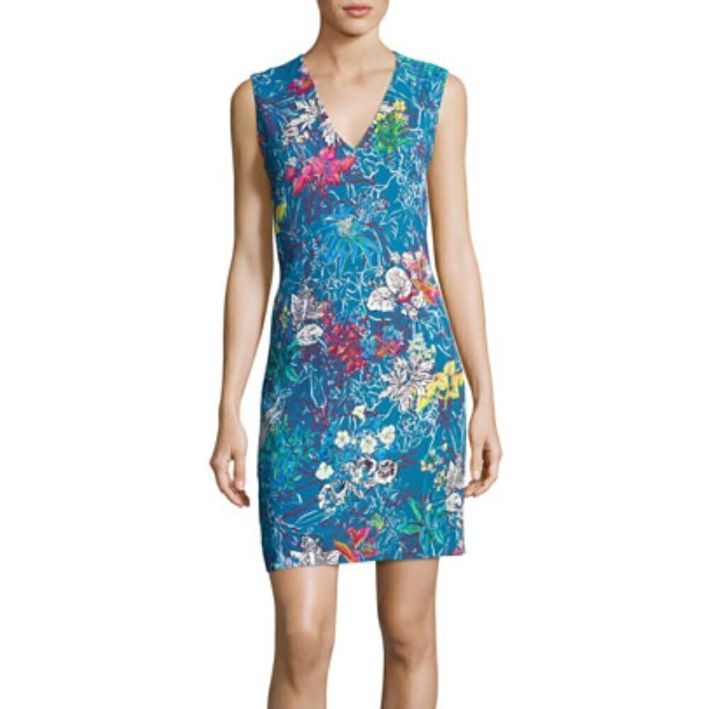 SALE Peter Pilotto Blue Floral Print Mini Sheath Dress Sleeveless V-Neck US4